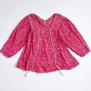 FREE PEOPLE Floral Peasant Blouse Small Pink Boho Top Tassel Tie 100% Cotton